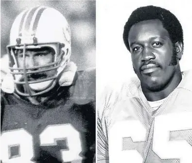  ?? AL MESSERSCHM­IDT/GETTY, LEFT PHOTO; MIAMI DOLPHINS FILE PHOTO ?? Former Dolphins Vern Den Herder, left, and Maulty Moore roomed together in 1971 and say they became better people because of it.