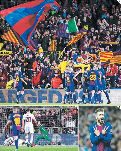  ?? FOTOS: AFP ?? (1) Los barcelonis­tas celebran un gane que bien podría ser definitivo en la serie ante la Roma. (2) Así se produjo el segundo gol local, cuando Kostas Manolas cortó una pelota que iba en dirección a Samuel Umtiti y la terminó metiendo en su propio...