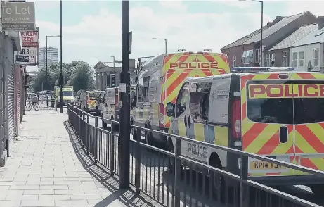  ??  ?? Police in Monkwearmo­uth in the build up to the Sunderland v Celtic friendly.