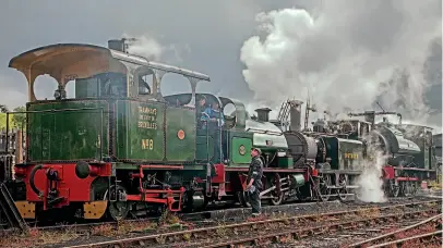  ?? ROBERT FALCONER ?? A varied gala line-up if ever there was one: Cockerill 0-4-0VBT tram engine No. 8, Hawthorn Leslie 0-4-0ST No. 2, LBSCR ‘Terrier' No. 2678 and Hunslet 0-6-0ST Beatrice raise steam at Embsay on June 26.