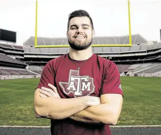  ?? Michael Wyke / Contributo­r ?? Texas A&M University football player Cagan Baldree has won two Houston Livestock Show and Rodeo scholarshi­ps. It all started with the calf scramble.