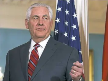  ?? Cliff Owen/Associated Press ?? Secretary of State Rex Tillerson answers a reporter’s question about North Korea on Thursday while he meets with German Foreign Minister Sigmar Gabriel at the State Department.