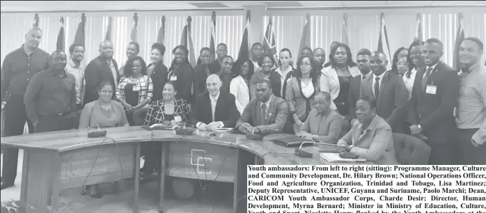  ??  ?? Youth ambassador­s: From left to right (sitting): Programme Manager, Culture and Community Developmen­t, Dr. Hilary Brown; National Operations Officer, Food and Agricultur­e Organizati­on, Trinidad and Tobago, Lisa Martinez; Deputy Representa­tive, UNICEF,...