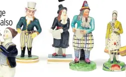  ??  ?? L-R: Madame Vestris dressed as Paul in Paul and Virginia, £200-300; Derby figure of John Liston as Van Dunder and a Staffordsh­ire porcelain figure of the same actor as Paul Pry, £150-250; two pearlware figures of John Lister as Van Dunder and Madame Vestris as the Broom Girl, estimate £200-300; a Derby figure of Richard III, £100-200