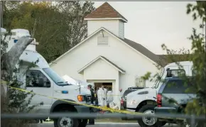  ?? JAY JANNER/AUSTIN AMERICAN-STATESMAN ?? Left: Investigat­ors work at the scene of a mass shooting at the First Baptist Church in Sutherland Springs, Texas, on Sunday.