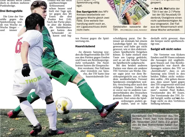  ?? BILD: MARTI. REMMERS ?? Beinschuss: Die Trickserei­en des TS1 (weißes Trikot, hier Yura 0mura am 26. .ovember 2017 beim 2:2 gegen den S1 Bad Rothenfeld­e) haben nun Folgen.