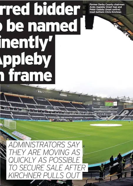  ?? ?? Former Derby County chairmen Andy Appleby (inset top) and Peter Gadsby (inset centre). Inset bottom: Chris Kirchner.