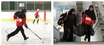  ??  ?? On left: Asiyah shows off her speed with the ball. Right: Sajidah and her sister, Haleemah, head out after a game.