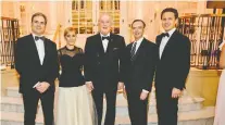  ??  ?? POWER PIC: Marc Tremblay, Julie Chaurette, Brian Mulroney, Dr. Fabrice Brunet and committee chair Mark Mulroney assemble for a photo op at the Ritz-Carlton’s Palm Court.