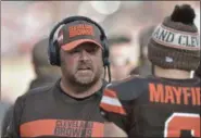  ?? DAVID RICHARD - THE ASSOCIATED PRESS ?? FILE - In this Nov. 4, 2018, file photo, Cleveland Browns offensive coordinato­r Freddie Kitchens talks to quarterbac­k Baker Mayfield during an NFL football game against the Kansas City Chiefs, in Cleveland.