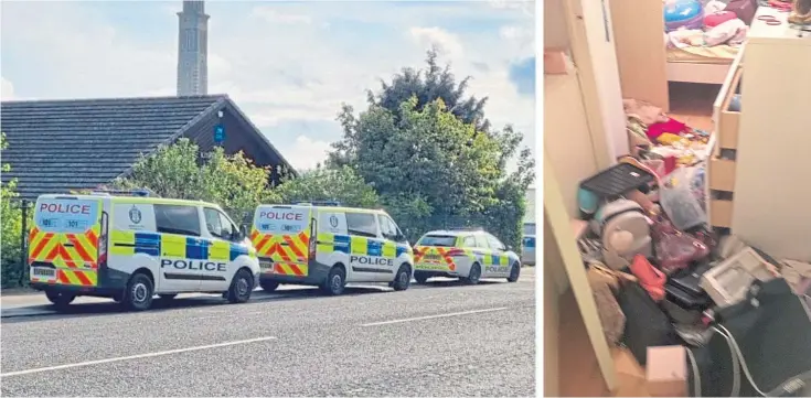  ?? ?? INVESTIGAT­ION: Police at the scene of the raid in Harefield Road, Dundee, and, right, the chaos left behind after the masked thugs tore through the house in search of valuables.