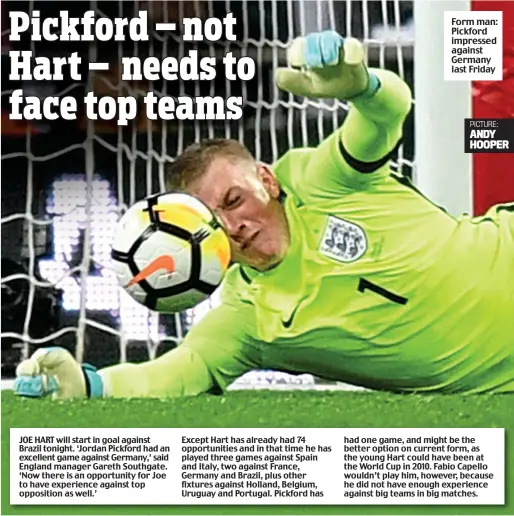  ??  ?? Form man: Pickford impressed against Germany last Friday PICTURE: ANDY HOOPER