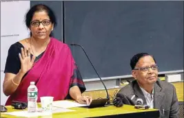  ?? PIC/PTI ?? Finance and Corporate Affairs Minister Nirmala Sitharaman (L) speaks on 'Indian Economy: Challenges and Prospects' at Columbia University in New York, Tuesday