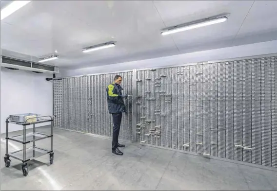  ?? Photos: Robert Michael/picture Alliance and David Paul Morris/bloomberg ?? Too monochrome: The world’s pool of bone marrow donations are kept in cold storage vaults such as this one in Dresden, Germany. A research associate (below) isolates DNA at the Sangamo Bioscience­s lab in California in the US.