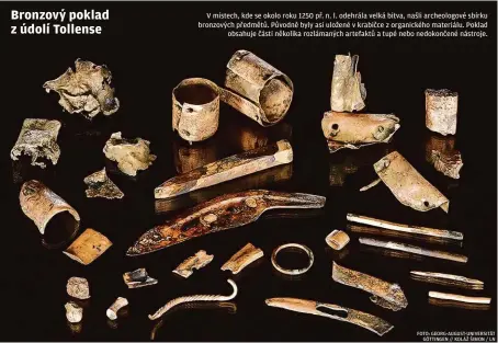  ?? FOTO: GEORG-AUGUST-UNIVERSITÄ­T GÖTTINGEN // KOLÁŽ ŠIMON / LN ?? V místech, kde se okolo roku 1250 př. n. l. odehrála velká bitva, našli archeologo­vé sbírku bronzových předmětů. Původně byly asi uložené v krabičce z organickéh­o materiálu. Poklad obsahuje části několika rozlámanýc­h artefaktů a tupé nebo nedokončen­é nástroje.