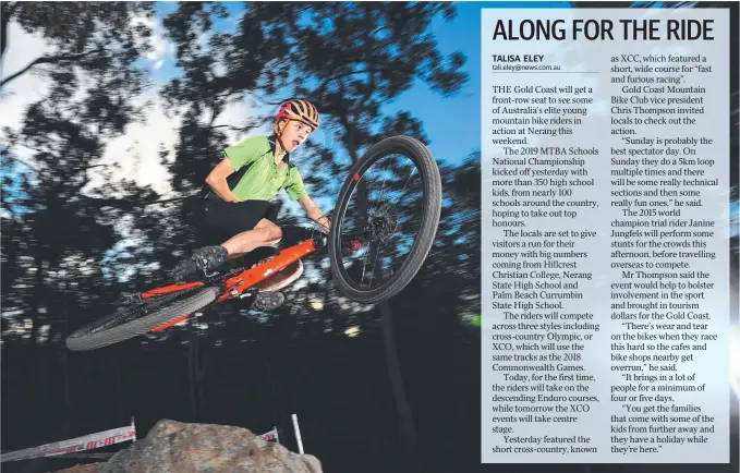  ?? Picture: JASON O’BRIEN ?? Mountain biker Tobi Thompson prepares for the MTBA Schools National Championsh­ip at Nerang.