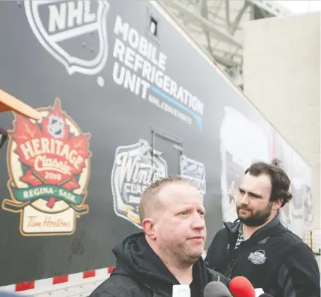  ?? TROY FLEECE ?? “Weather doesn’t really play a factor with the ice plant that we have,” says Derek King — the NHL’S senior manager, facilities operations and hockey operations — as he discusses the upcoming outdoor game at Mosaic Stadium. The league’s Mobile Refrigerat­ion Unit is in the background.