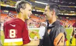  ?? RICHARD LIPSKI — ASSOCIATED PRESS ARCHIVES ?? Quarterbac­k Kirk Cousins, left, knows Kyle Shanahan well from the days when Shanahan was Washington’s offensive coordinato­r.