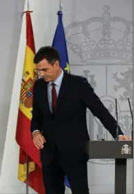  ?? AP/PAUL WHITE ?? Spanish Prime Minister Pedro Sanchez leaves the lectern Saturday in Madrid after announcing that an agreement had been reached giving Spain a say on the British territory of Gibraltar, clearing the final major obstacle to the United Kingdom’s withdrawal from the European Union.