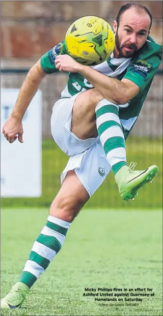  ?? Pictures: Alan Langley FM4934809 ?? Micky Phillips fires in an effort for Ashford United against Guernsey at Homelands on Saturday