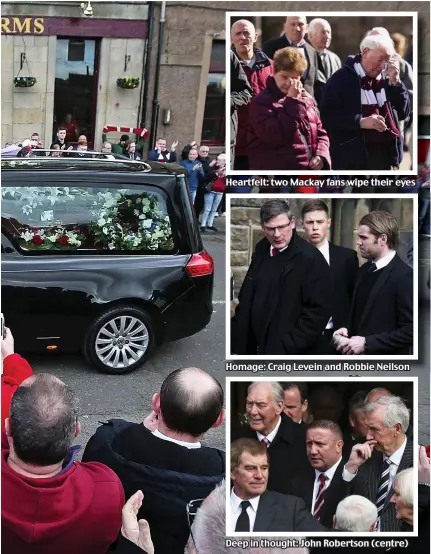  ??  ?? Heartfelt: two Mackay fans wipe their eyes
Homage: Craig Levein and Robbie Neilson
Deep in thought: John Robertson (centre)