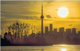  ?? MARK BLINCH/REUTERS ?? Double-crested cormorants nest on a tree in front of the skyline as a plane flies by during sunset at Tommy Thompson Park, located on a man-made peninsula, known as the Leslie Street Spit, in Toronto.