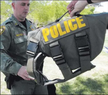  ?? F. ANDREW TAYLOR/LAS VEGAS REVIEW-JOURNAL. ?? Lt. Jeff Hewes, K-9 section commander for the Metropolit­an Police Department, discusses Thursday the pros and cons of bulletproo­f vests for dogs at the K-9 office behind the South Central Area Command, 4860 Las Vegas Blvd. South.