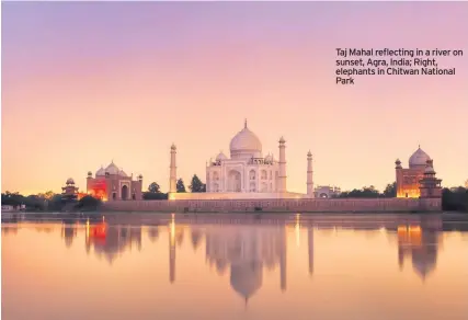  ??  ?? Taj Mahal reflecting in a river on sunset, Agra, India; Right, elephants in Chitwan National Park