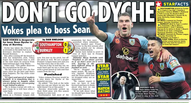  ??  ?? INSPIRED SUB: Sam Vokes hails his winner before pleading for boss Sean Dyche (inset) to stay at the club