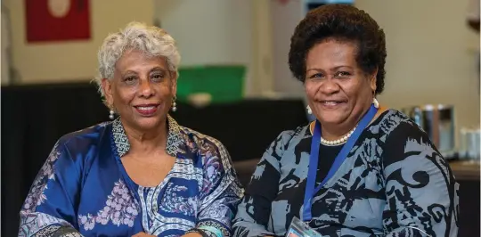  ?? Photo: Leon Lord ?? University of Fiji Vice Chancellor Professor Shaista Shameem and Fiji National University Acting Vice Chancellor Unaisi Nabobo-Baba during the 2023 National Economic Summit at the Grand Pacific Hotel on April 21, 2023.