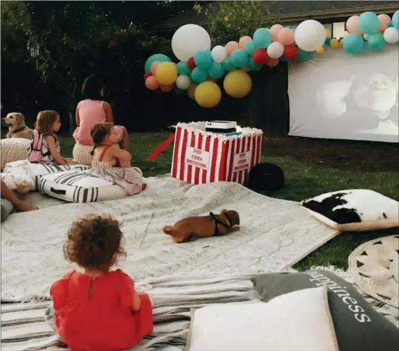  ?? (Rozalyn Schlumpf/ Wittybash.com via AP) ?? This photo provided by Wittybash.com shows children at a backyard birthday party watching the movie “Shrek” on an outdoor theater setup in Concord, Calif.