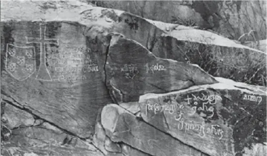  ??  ?? A inscrição autêntica numa rocha perto das quedas do Rio Mpozo (Angola) (Aqui chegaram os navios do esclarecid­o rei D. João II de Portugal – Diogo Cão, Pero Anes, Pero da Costa”)