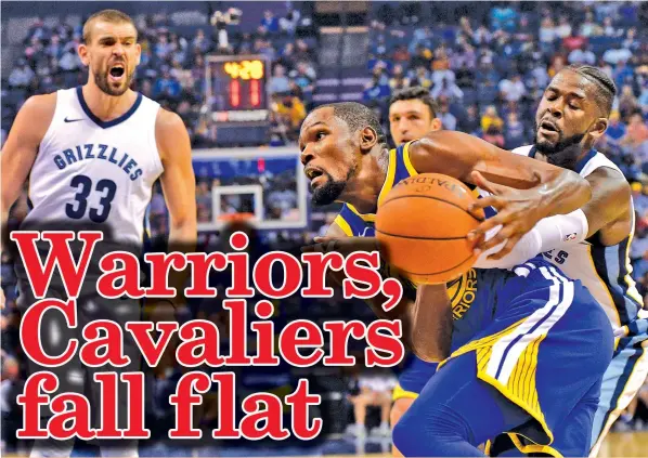  ?? ASSOCIATED PRESS ?? Golden State Warriors forward Kevin Durant, center, drives against Memphis Grizzlies forward James Ennis III, right, as Grizzlies center Marc Gasol watches during the first half of an NBA basketball game in Memphis, Tenn.