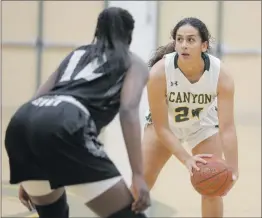  ?? Nikolas Samuels/ The Signal ?? Canyon’s Gabriela Sanchez (24) looks for a teammate to pass the ball to during a game on Thursday at home. Canyon played strong during the first half, but eventually lost to Ribet Academy. Sanchez scored seven points in the game.