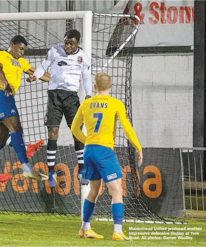  ??  ?? Maidenhead United produced another impressive defensive display at York Road. All photos: Darren Woolley.