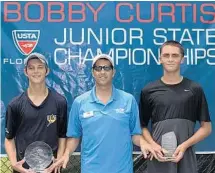  ?? SUBMITTED PHOTO ?? Weston resident Michael Heller, left, holds his Boys 16s Division firstplace trophy at the conclusion of the United States Tennis Associatio­n Florida “Bobby Curtis” Junior State Championsh­ips in Daytona Beach. Joining him are runner-up James Ignatowich...