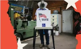  ?? Iowa. Composite: Guardian Design/Getty Images ?? A voter marks his ballot at a polling place in Dennis Wilkening’s shed on 3 November 2020 in Richland,