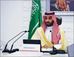  ?? BANDAR ALJALOUD — SAUDI ROYAL PALACE ?? Saudi Arabia’s Crown Prince Mohammed bin Salman attends a virtual G-20 summit held over video conferenci­ng, in Riyadh, Saudi Arabia.