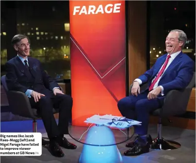  ?? PA ?? Big names like Jacob Rees-Mogg (left) and Nigel Farage have failed to improve viewer numbers at GB News