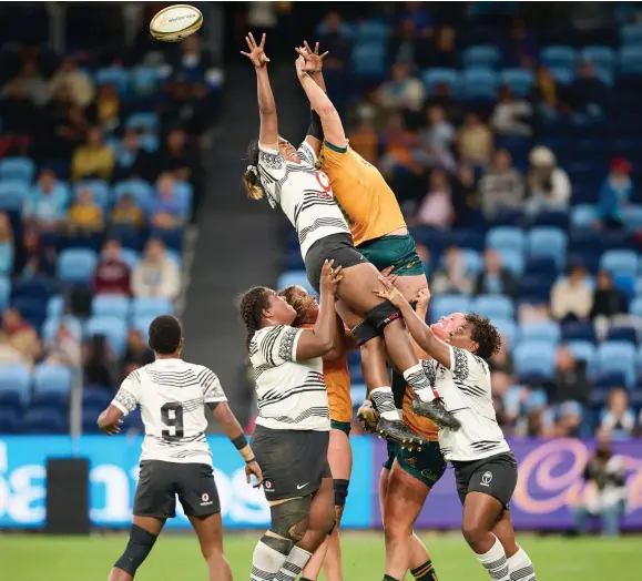  ?? Photo: Wallaroos Media ?? Vodafone Fijiana XVs lock Doreen Narokete contests for a line-out during their Test match against the Wallaroos at Allianz Stadium, Sydney on May 20, 2023. Wallaroos won 22-5.