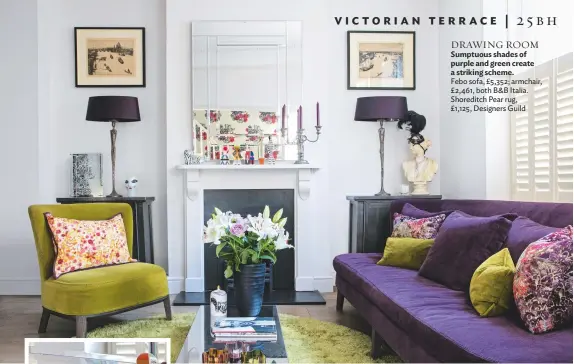  ??  ?? Drawing ROOM Sumptuous shades of purple and green create a striking scheme. Febo sofa, £5,352; armchair, £2,461, both b&b Italia. shoreditch pear rug, £1,125, designers Guild