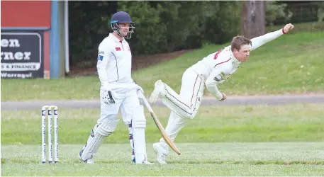  ?? ?? Above: Brad Glover follows through as he starts another over for Drouin during their clash with Buln Buln in division one. Glover claimed 3/36 on Saturday afternoon.