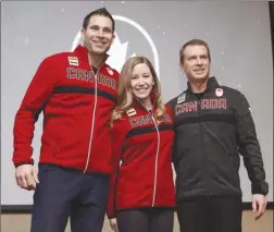  ?? The Canadian Press ?? John Morris, Kaitlyn Lawes and coach Jeff Stoughton (left to right) will represent Canada in mixed doubles curling at the 2018 Winter Olympics in South Korea.