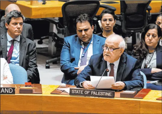  ?? Craig Ruttle The Associated Press ?? Palestinia­n Ambassador Riyad Mansour addresses the U.N. Security Council. The Palestinia­n Authority seeks full U.N. membership.