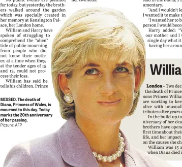  ?? Picture: AFP ?? MISSED. The death of Diana, Princess of Wales, is mourned to this day. Today marks the 20th anniversar­y of her passing.
