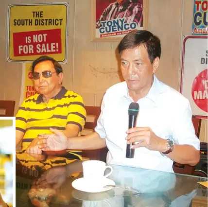  ?? JOY TORREJOS ?? Cebu City Mayor Michael Rama (right) and former Cebu south district representa­tive Tony Cuenco answer questions from media after announcing their tie-up for the 2013 elections. Rama is running for election while Cuenco wants to have his old...