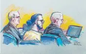  ?? DANIEL PONTET/PONTET'S ART HOUSE/COURTESY ?? A courtroom sketch depicts Esteban Santiago, center, in federal court in Miami as he tried to explain why he killed five people.