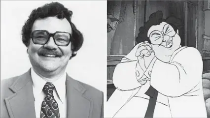  ?? Disney Animation ?? AN OBJECT OF CARICATURE Disney historian John Culhane was the model for Mr. Snoops, a weaselly underling of the evil Medusa in “The Rescuers” (1977).
“True, he’s the villain, but it’s a kind of immortalit­y,” he said. “I’m not only on a lunch pail —...