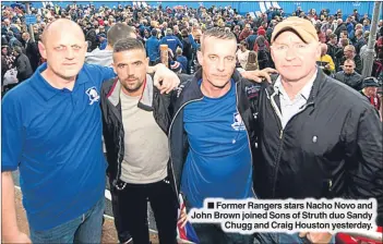  ??  ?? Former Rangers stars Nacho Novo and John Brown joined Sons of Struth duo SandyChugg and Craig Houston yesterday.