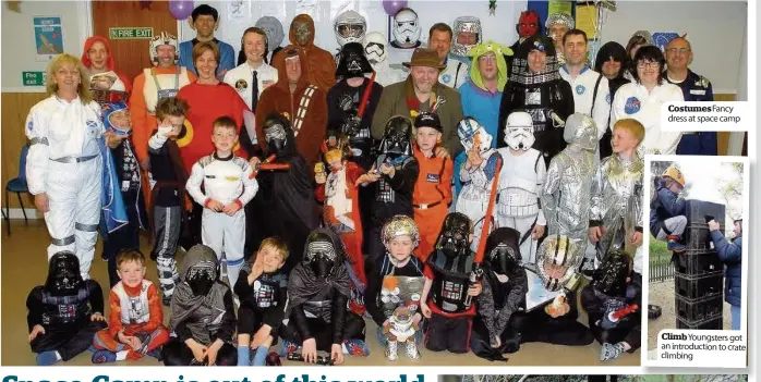  ??  ?? Costumes Fancy dress at space camp Climb Youngsters got an introducti­on to crate climbing